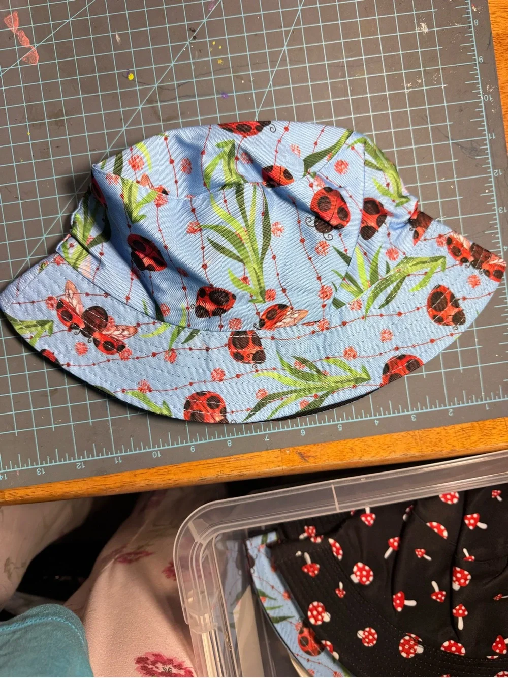Blue Ladybug Print Bucket Hat